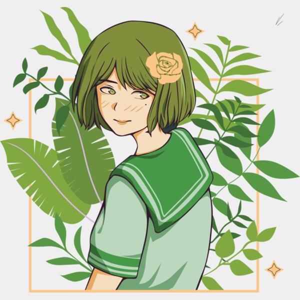 Anime, Girl with Leaves Background Clipart, Anime Japanese Style, AJS-14 Thumbnail